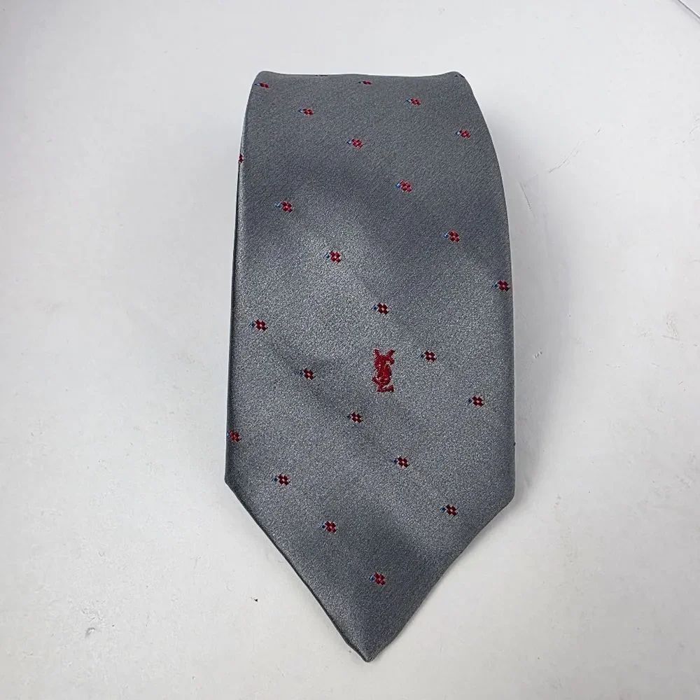 Yves Saint Laurent Vintage Logo Embroidered Necktie Mens Gray Red